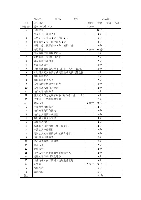 前台技能评分表