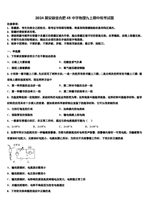 2024届安徽省合肥45中学物理九上期中统考试题含解析