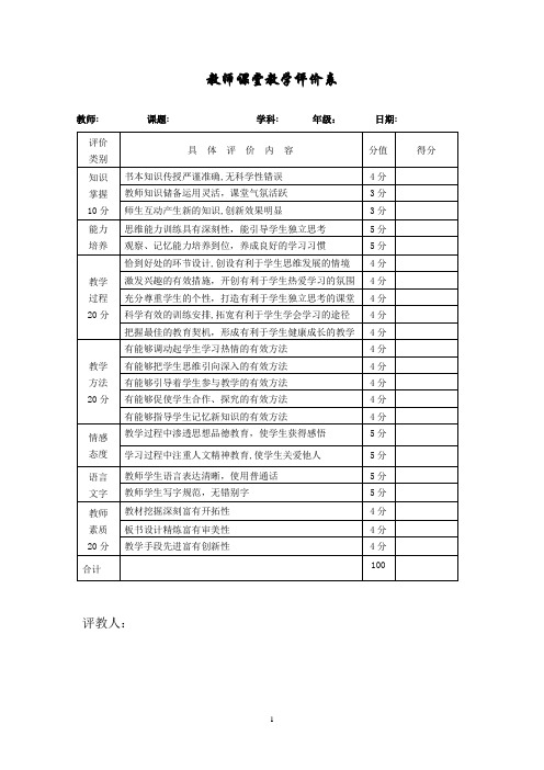 教师课堂教学评价表(量表)【范本模板】