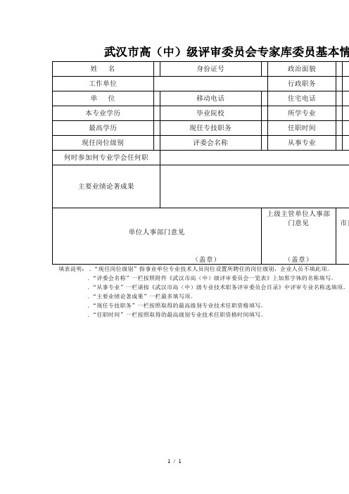 武汉市高级评审委员会专家库委员基本情况登记表