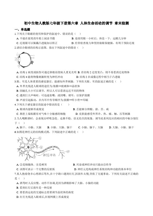 初中生物人教版七年级下册第六章 人体生命活动的调节 章末检测(含解析)