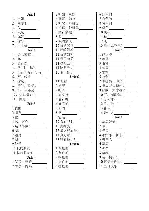 译林版 三年级英语上册Unit 1~8单词默写