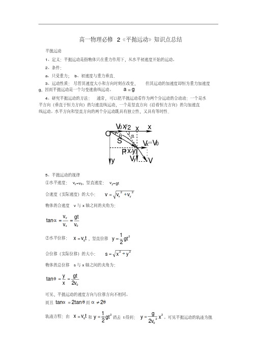 高一物理必修2《平抛运动》知识点总结