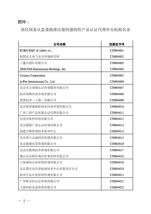 原经国家认监委批准注册的强制性产品认证代理申办机构名录