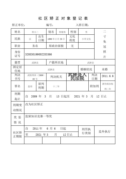 社区矫正对象登记表