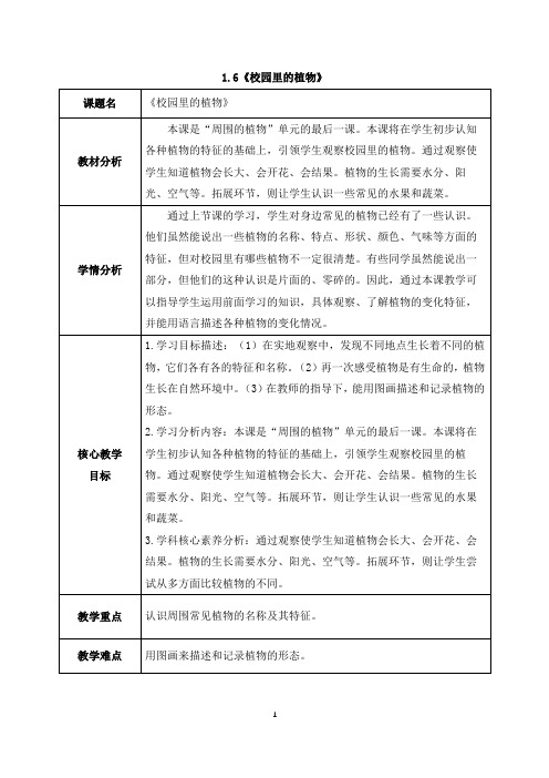 2024新教科版一年级科学上册第一单元1.6《校园里的植物》教案