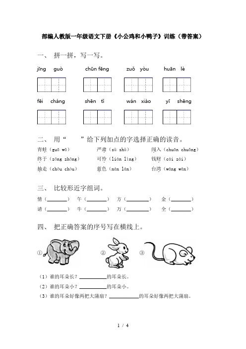 部编人教版一年级语文下册《小公鸡和小鸭子》训练(带答案)