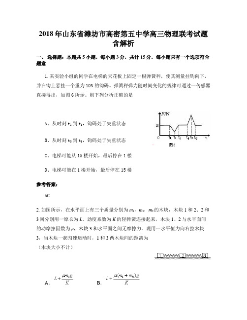 2018年山东省潍坊市高密第五中学高三物理联考试题含解析