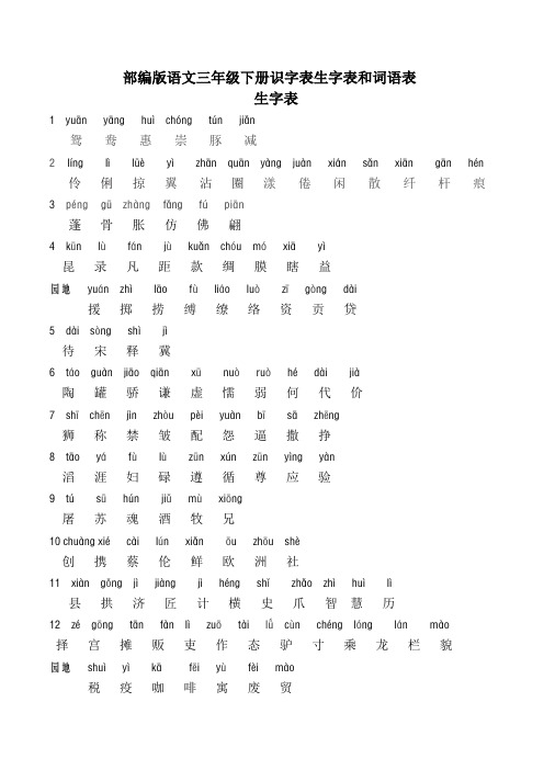 部编版语文三年级下册识字表写字表和词语表