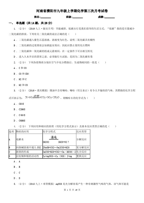 河南省濮阳市九年级上学期化学第三次月考试卷