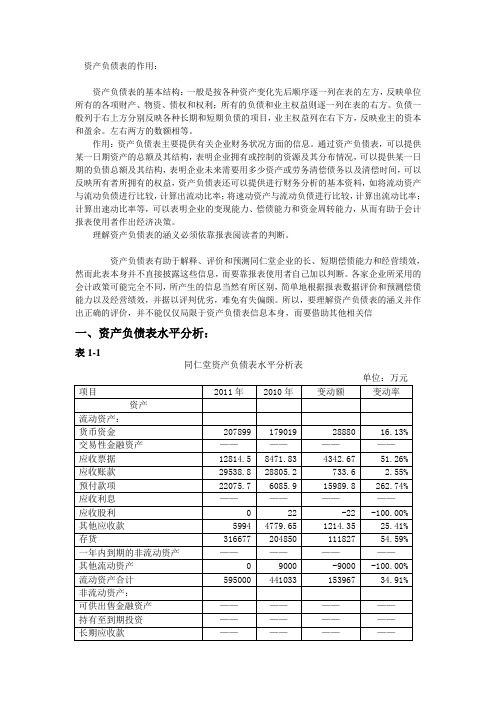 同仁堂资产负债表水平、趋势、结构分析