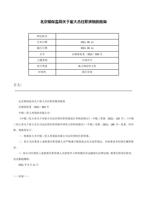 北京银保监局关于崔大杰任职资格的批复-京银保监复〔2021〕680号