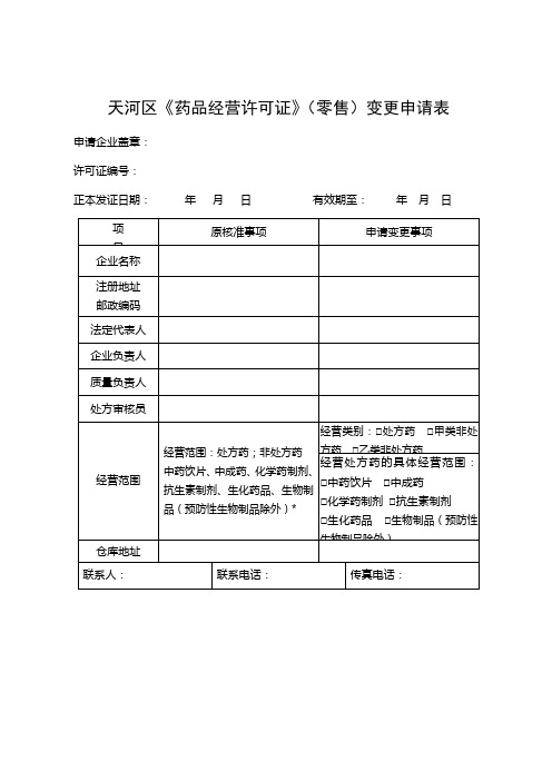 零售药店(连锁、个体)药品经营许可证变更申请表