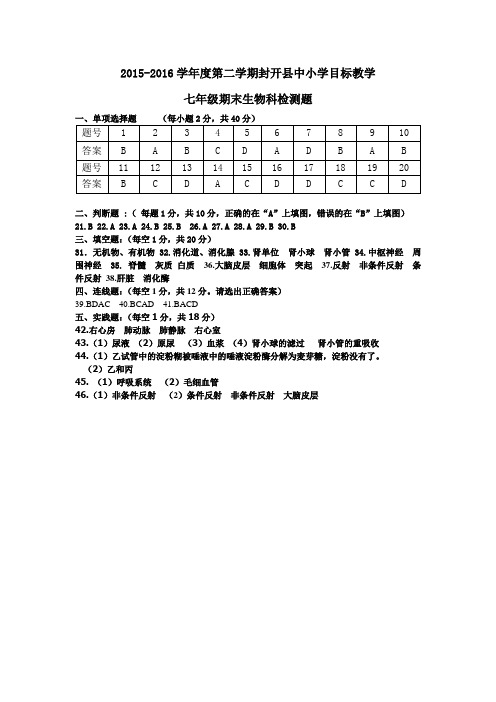 2015-2016学年第二学期期末七年级生物答案