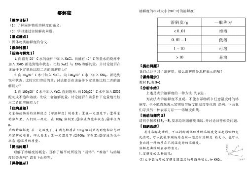 人教版九年级化学教案设计：9.2溶解度