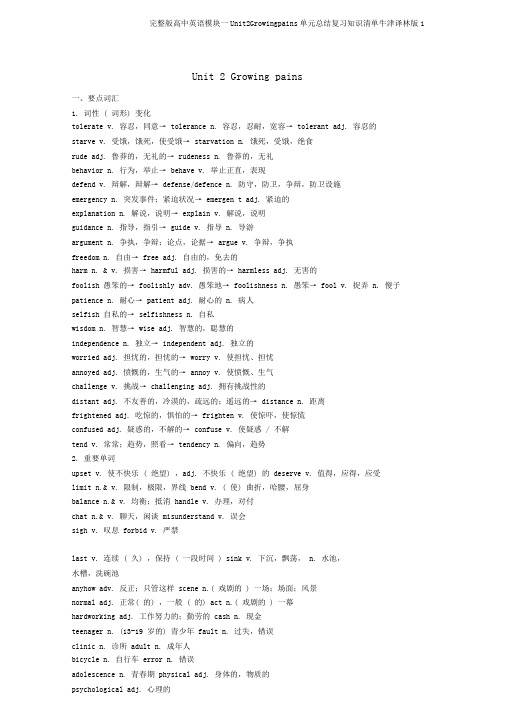 完整版高中英语模块一Unit2Growingpains单元总结复习知识清单牛津译林版1