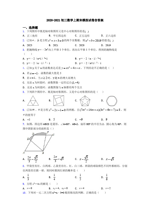 2020-2021初三数学上期末模拟试卷含答案