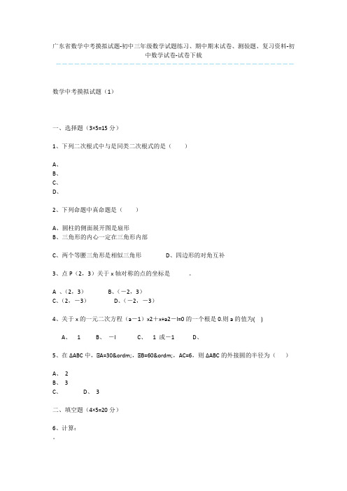 广东省数学中考摸拟试题-初中三年级数学试题练习、期中期末试卷、测验题、复习资料-初中数学试卷-试卷下