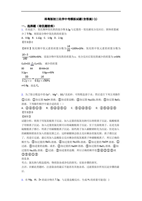 科粤版初三化学中考模拟试题(含答案)(1)