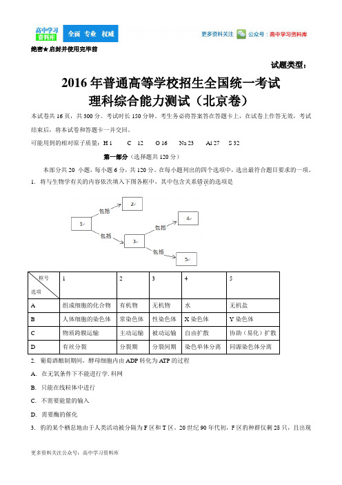 (精校版)2016年北京理综高考试题文档版(含答案)