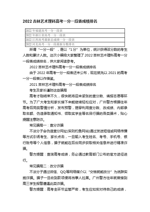 2022吉林艺术理科高考一分一段表成绩排名