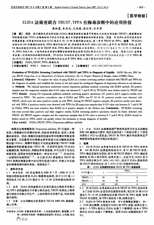 ELISA法筛查联合TRUST、TPPA在梅毒诊断中的应用价值