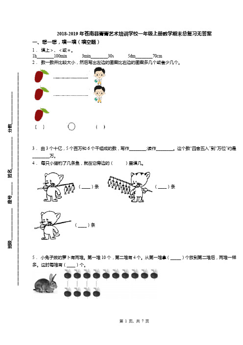 2018-2019年苍南县菁菁艺术培训学校一年级上册数学期末总复习无答案