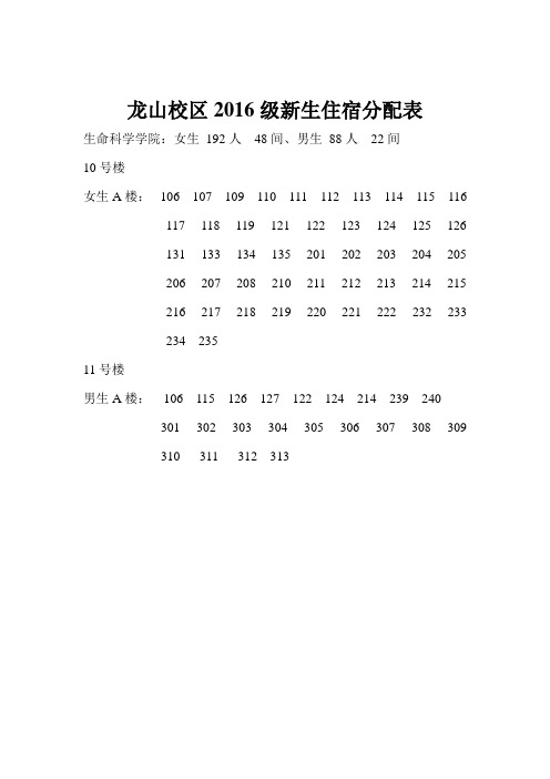 宿管中心龙山校区2016级新生住宿安排表新