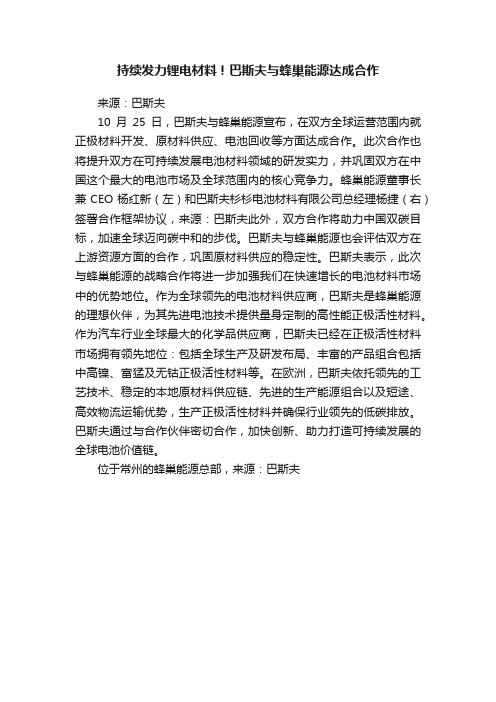 持续发力锂电材料！巴斯夫与蜂巢能源达成合作