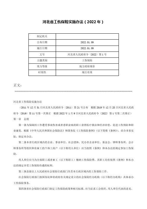 河北省工伤保险实施办法（2022年）-河北省人民政府令〔2022〕第1号