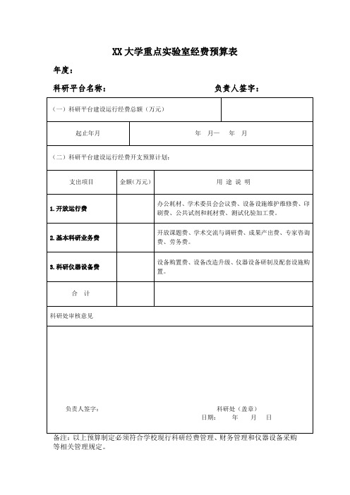 XX大学重点实验室经费预算表