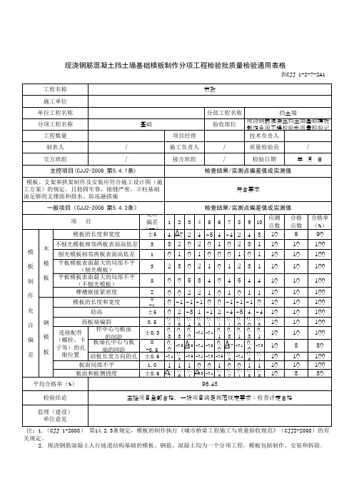 现浇钢筋混凝土挡土墙基础模板制作分项工程检验批质量检验通用表格