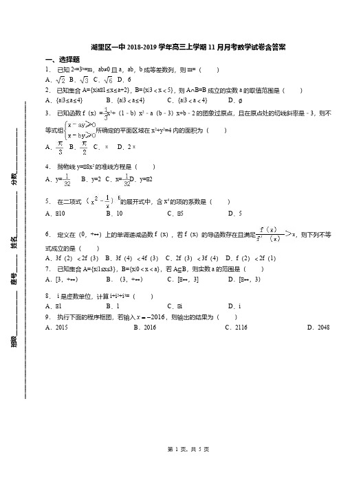 湖里区一中2018-2019学年高三上学期11月月考数学试卷含答案