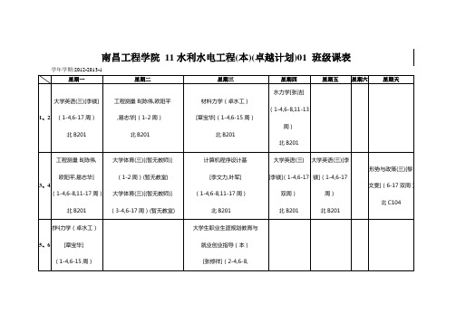 南昌工程学院 11水利水电工程(本)(卓越计划)01 班级课表