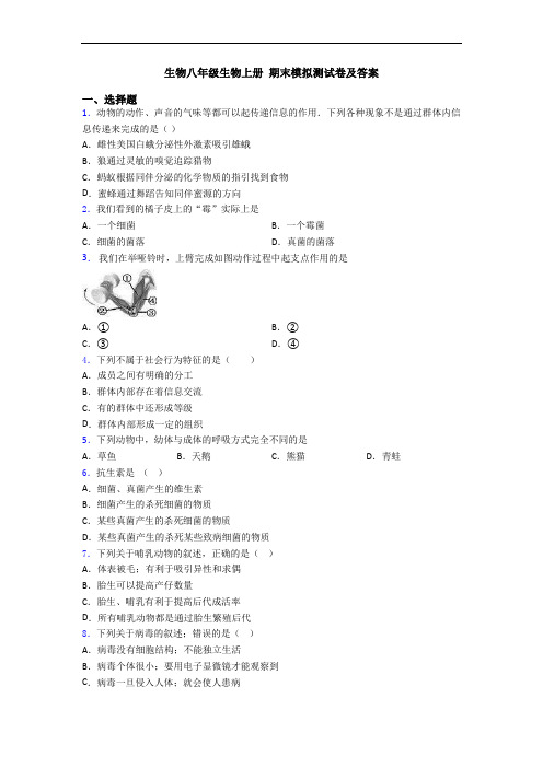 生物八年级生物上册 期末模拟测试卷及答案