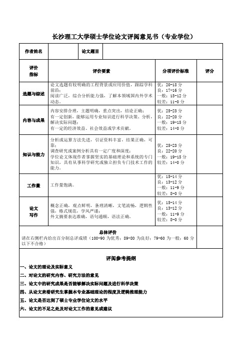 长沙理工大学硕士学位论文评阅意见书(专业学位)(A4双面打印)