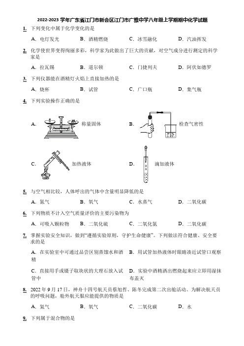 2022-2023学年广东省江门市新会区江门市广雅中学八年级上学期期中化学试题