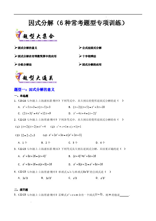 因式分解(6种常考题型专项训练)原卷版—七年级数学上学期期中(沪教版2024)