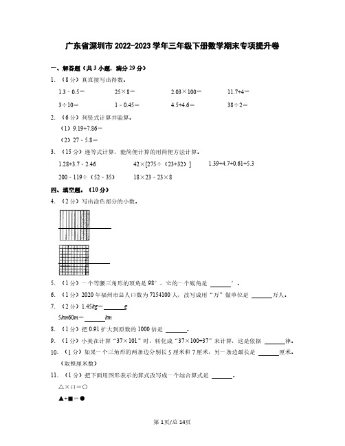 广东省深圳市2022-2023学年三年级下册数学期末专项提升卷(含解析)