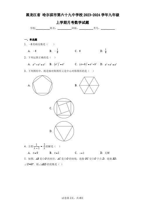 黑龙江省哈尔滨市第六十九中学校2023-2024学年九年级上学期月考数学试题