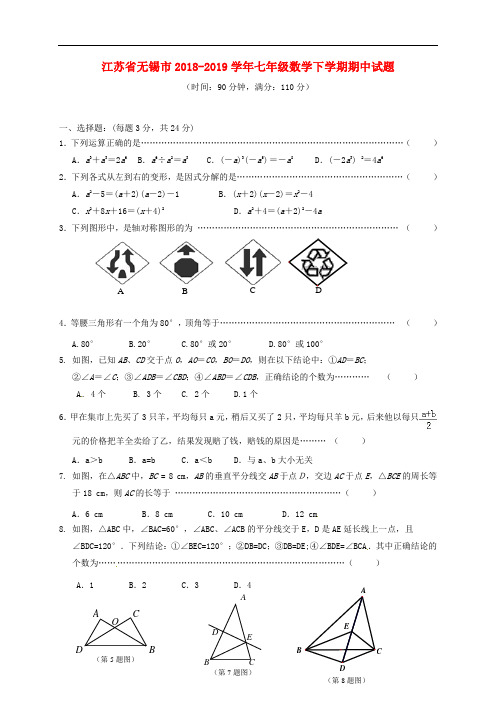 2018-2019学年七年级数学下学期期中试题苏科版