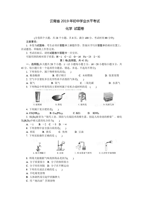 云南2019初中化学试卷答案答题卡