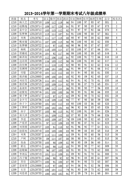 13-14学年第一学期期末考成绩单主观分