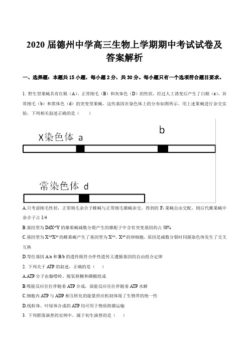 2020届德州中学高三生物上学期期中考试试卷及答案解析