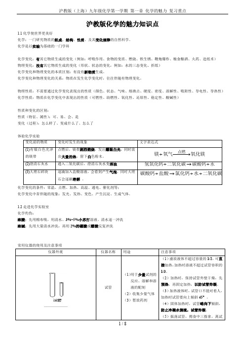 沪教版(上海)九年级化学第一学期 第一章 化学的魅力 复习重点