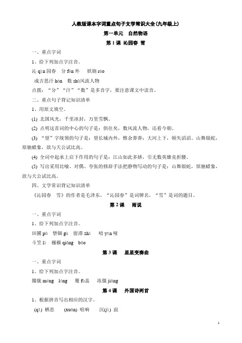 人教版课本字词重点句子文学常识大全(九年级上)