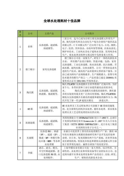 全球水处理耗材十佳品牌