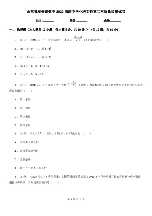 山东省泰安市数学2020届高中毕业班文数第二次质量检测试卷