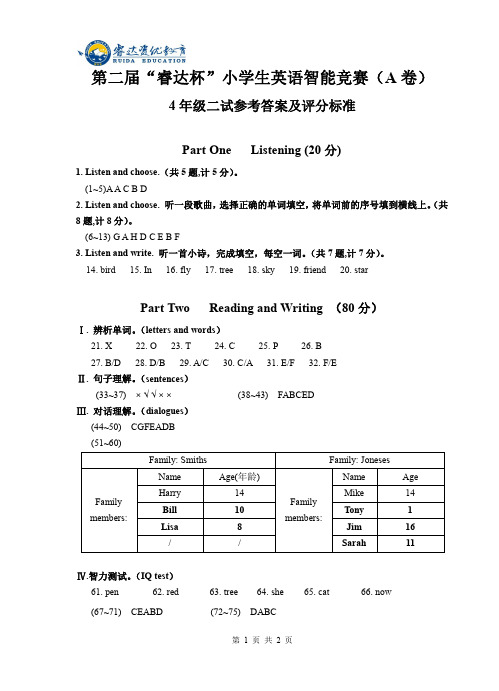 2011年第二届“睿达杯”英语智能竞赛四年级二试试卷答案