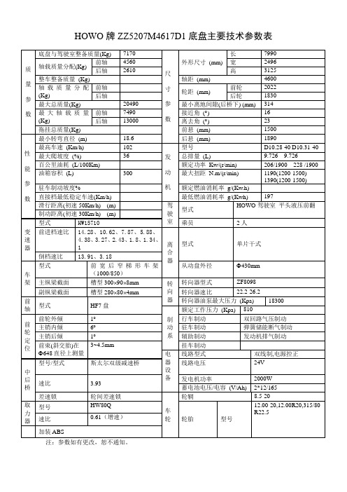 ZZ5207M4617D1底盘主要技术参数表